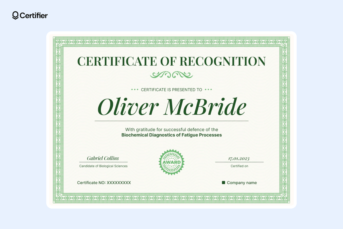 Green certificate of recognition with subtle decorative border. Green certificate of recognition with subtle decorative border.