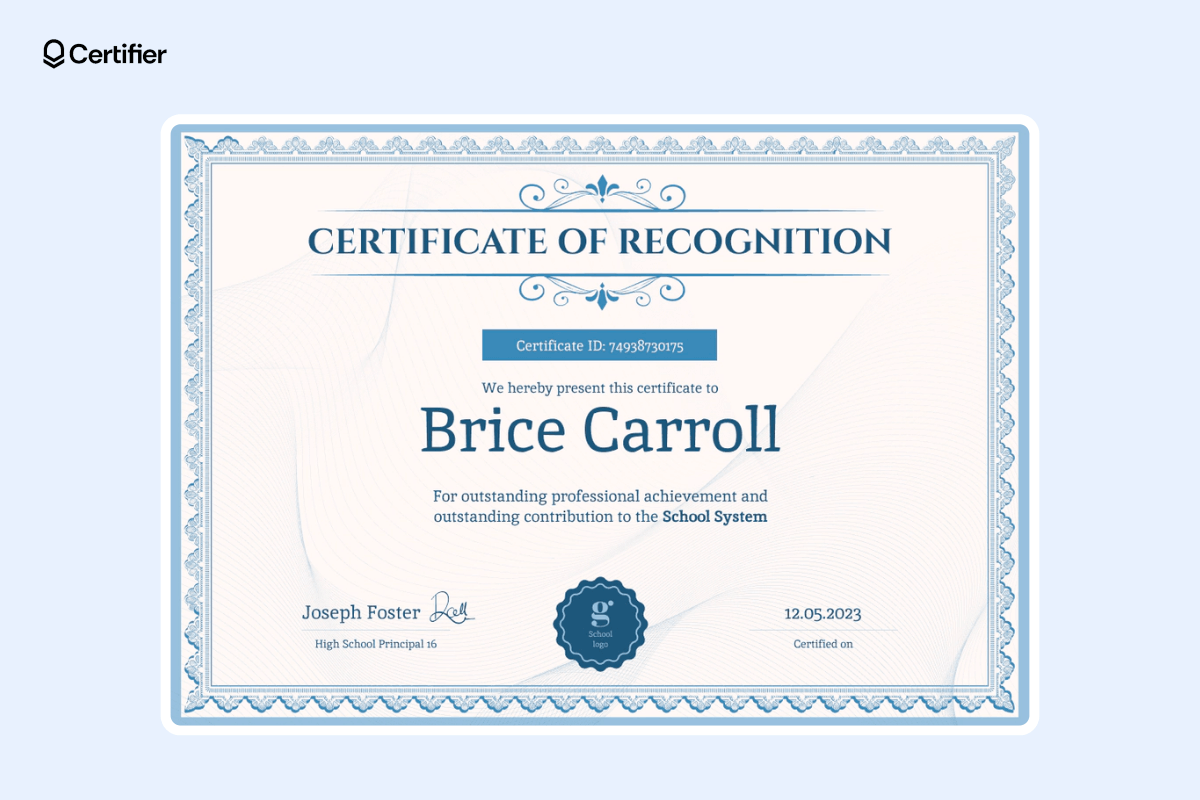 Formal recognition certificate template with traditional background design and a badge. Formal recognition certificate template with traditional background design and a badge.