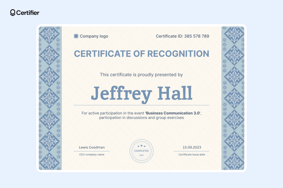 Artistic certificate template of recognition with decorative and artistic elements on the borders. Artistic certificate template of recognition with decorative and artistic elements on the borders.