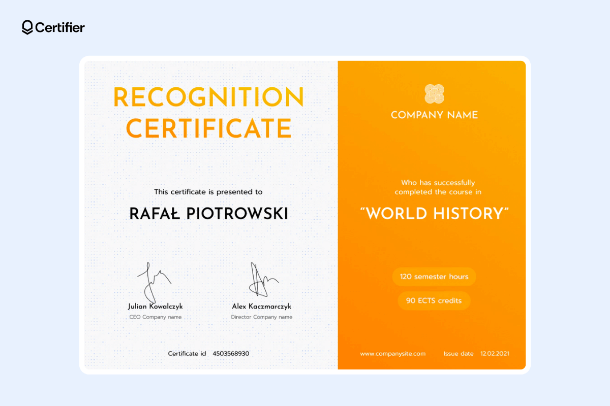 Orange recognition award certificate template with gradient section on the right. Orange recognition award certificate template with gradient section on the right.