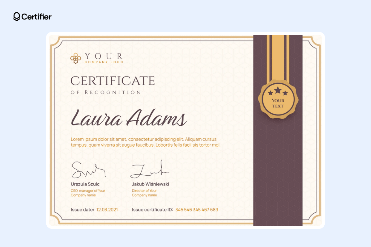 College-vibe recognition certificate template with golden badge at the right and brown ribbon. College-vibe recognition certificate template with golden badge at the right and brown ribbon.