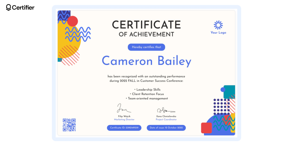 Colorful printable certificate template with abstract elements and place for signatures and logo. Colorful printable certificate template with abstract elements and place for signatures and logo.