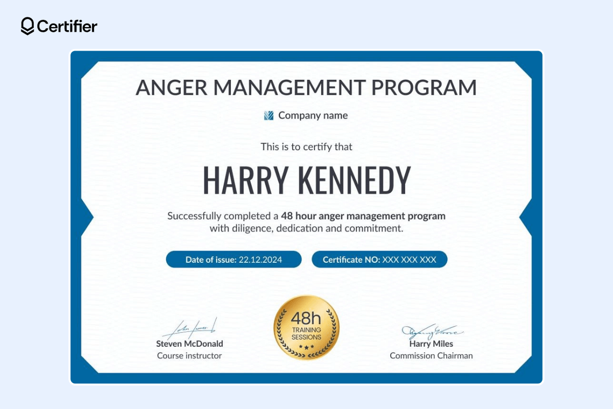 Anger management certificate with blue borders and highlighted certificate elements. Anger management certificate with blue borders and highlighted certificate elements.