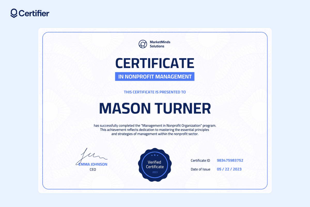 Certificate of Nonprofit Management with an accreditation emblem, signature, and completion seal on a blue background. Certificate of Nonprofit Management with an accreditation emblem, signature, and completion seal on a blue background.
