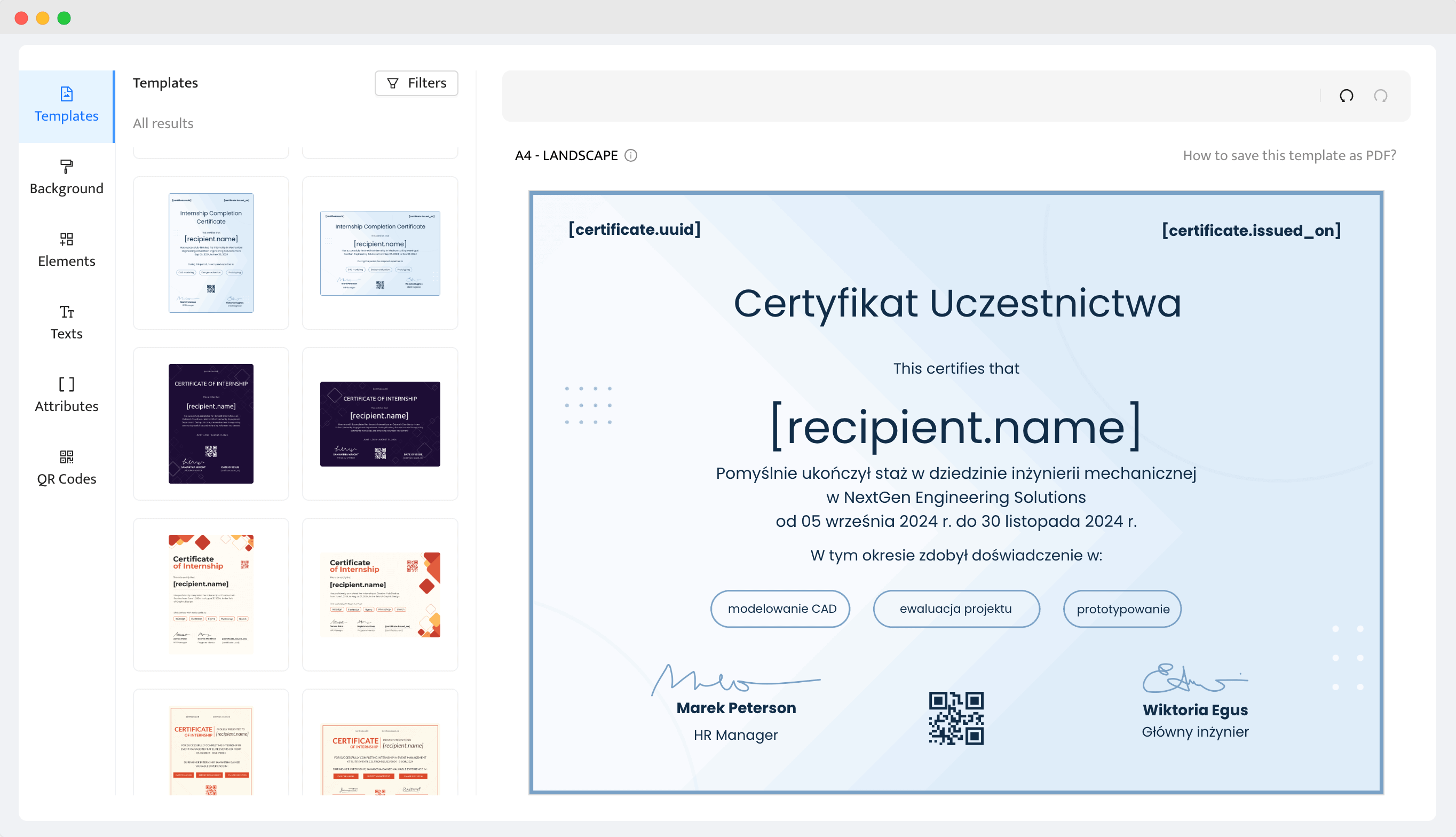Kreator certyfikatów Certifier i wybór dostępnych szablonów. Kreator certyfikatów Certifier i wybór dostępnych szablonów.