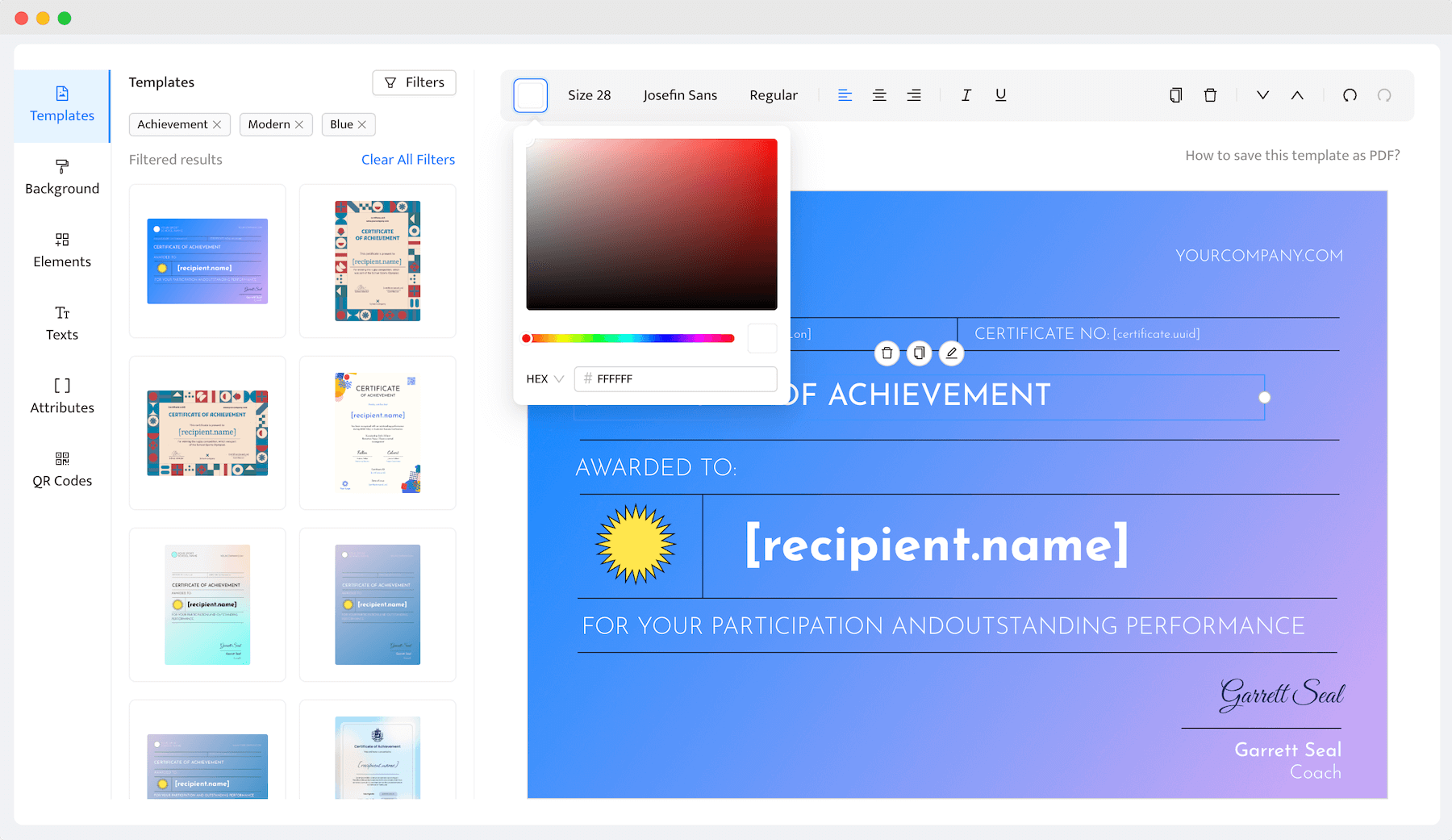 Certifier dashboard with drag-and-drop certificate editor, perfect Creatopy alternative. Certifier dashboard with drag-and-drop certificate editor, perfect Creatopy alternative.