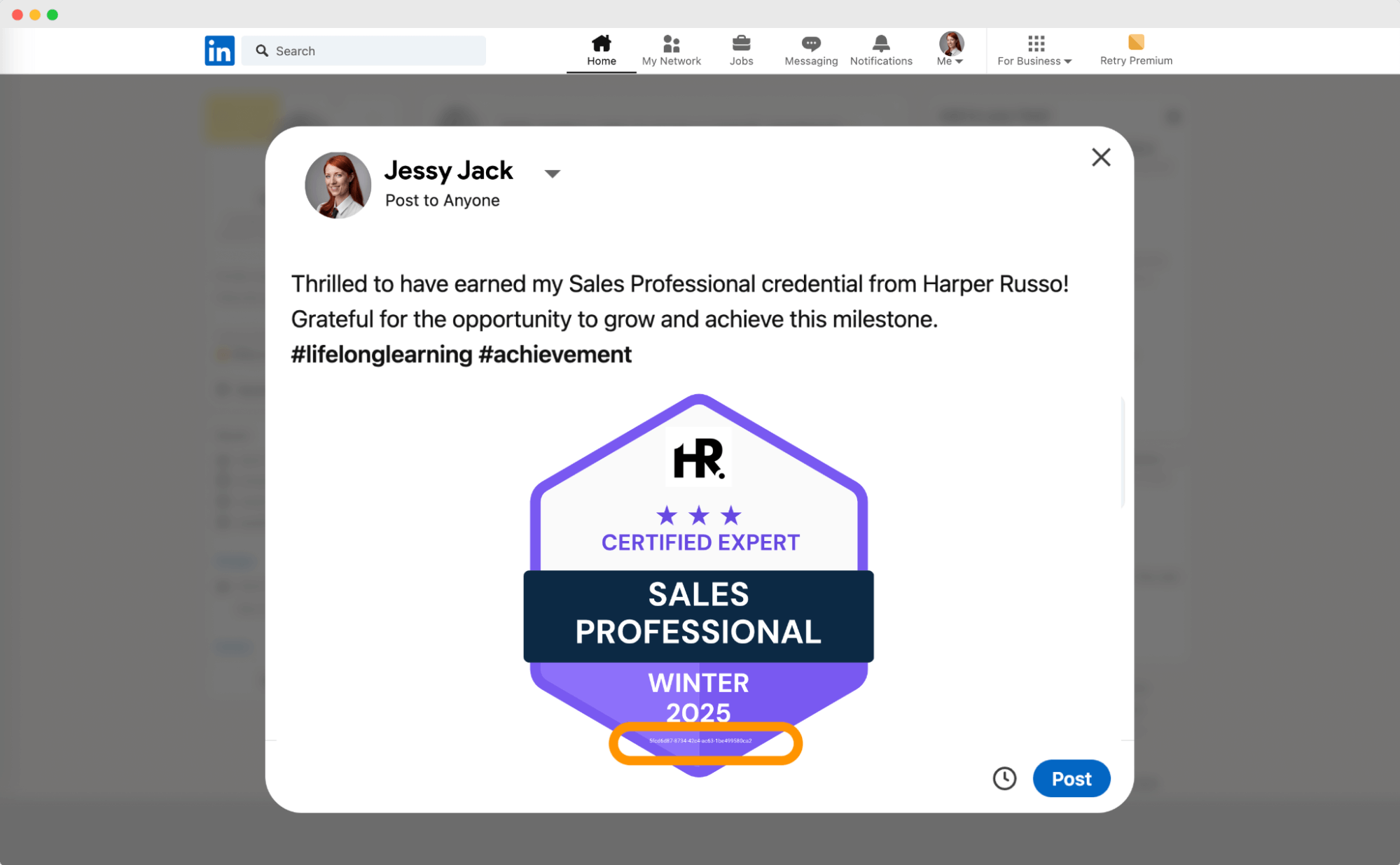 A LinkedIn post draft highlighting their certification badge earned. A LinkedIn post draft highlighting their certification badge earned.