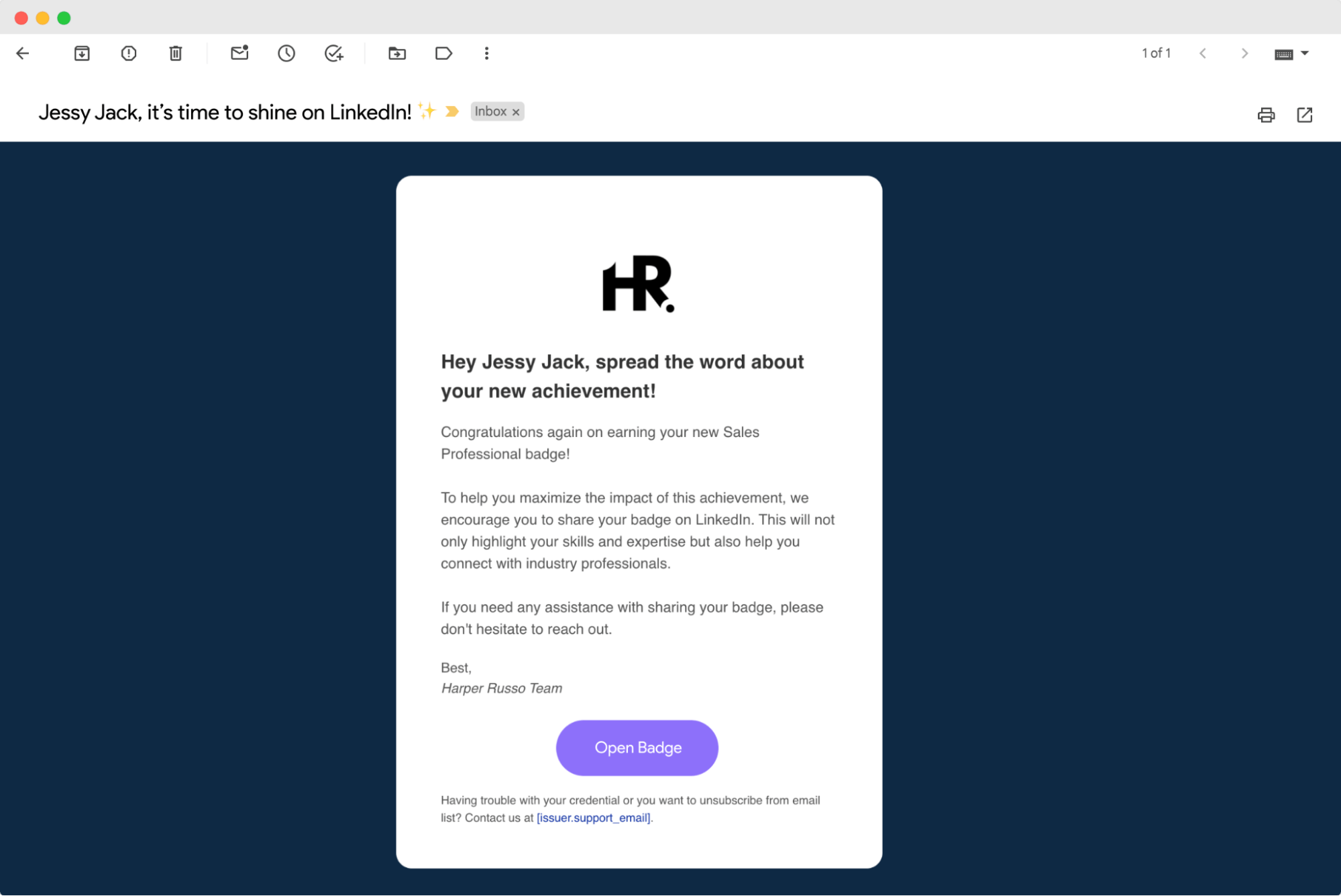 An email encouraging to share certification badge on LinkedIn to celebrate achievement. An email encouraging to share certification badge on LinkedIn to celebrate achievement.