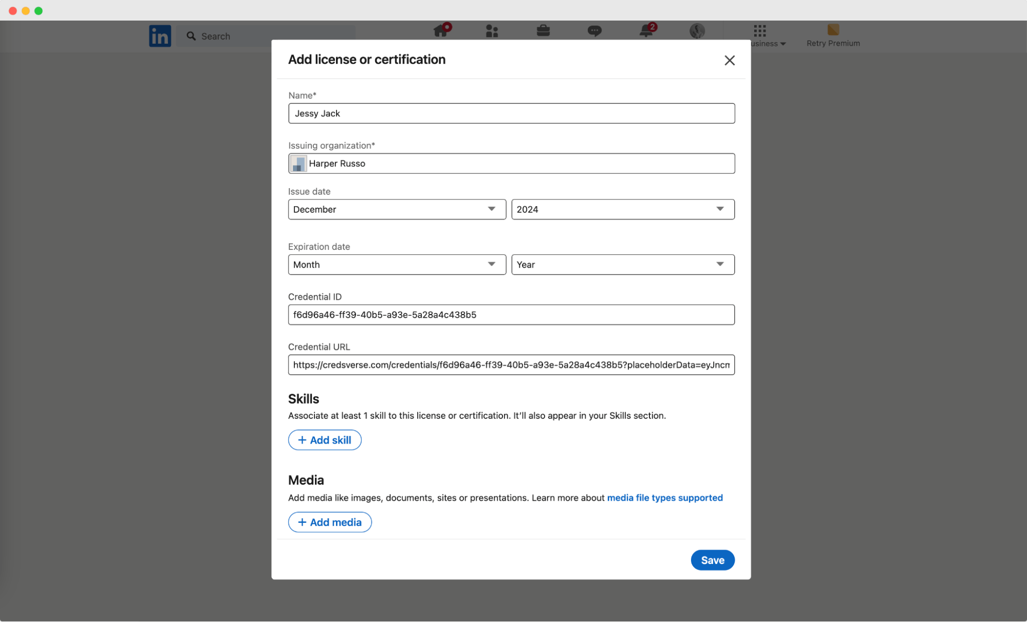 A LinkedIn form for adding a license or certification, showing how to create a LinkedIn certification badge by filling out credential details. A LinkedIn form for adding a license or certification, showing how to create a LinkedIn certification badge by filling out credential details.