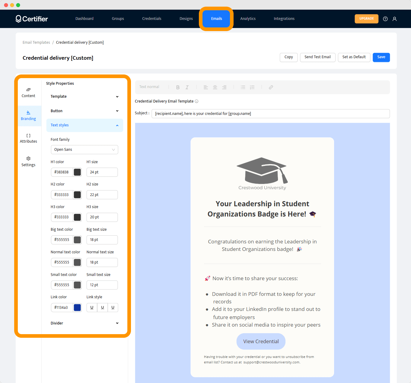Editing email templates for digital badging in higher education using Certifier. Editing email templates for digital badging in higher education using Certifier.