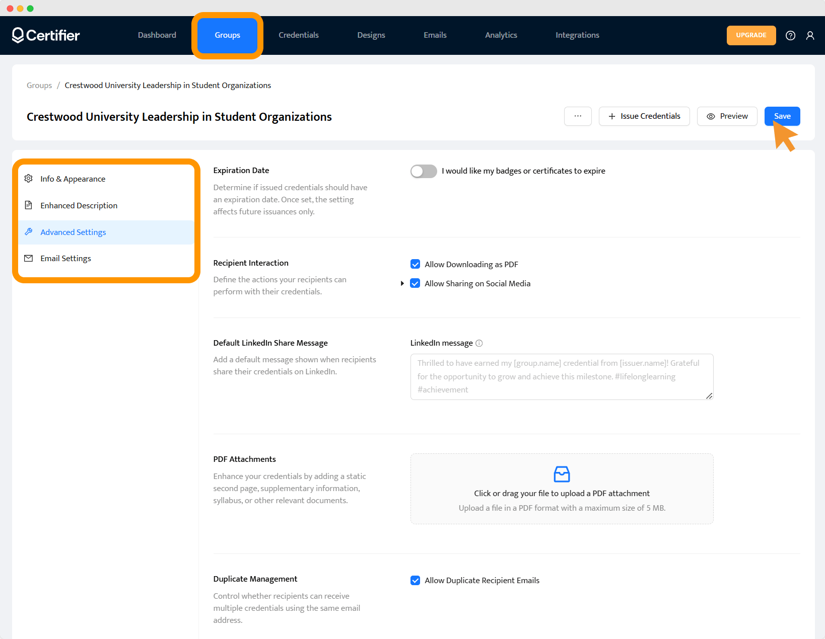 Advanced settings provided by Certifier for digital badges and micro-credentials in higher education. Advanced settings provided by Certifier for digital badges and micro-credentials in higher education.