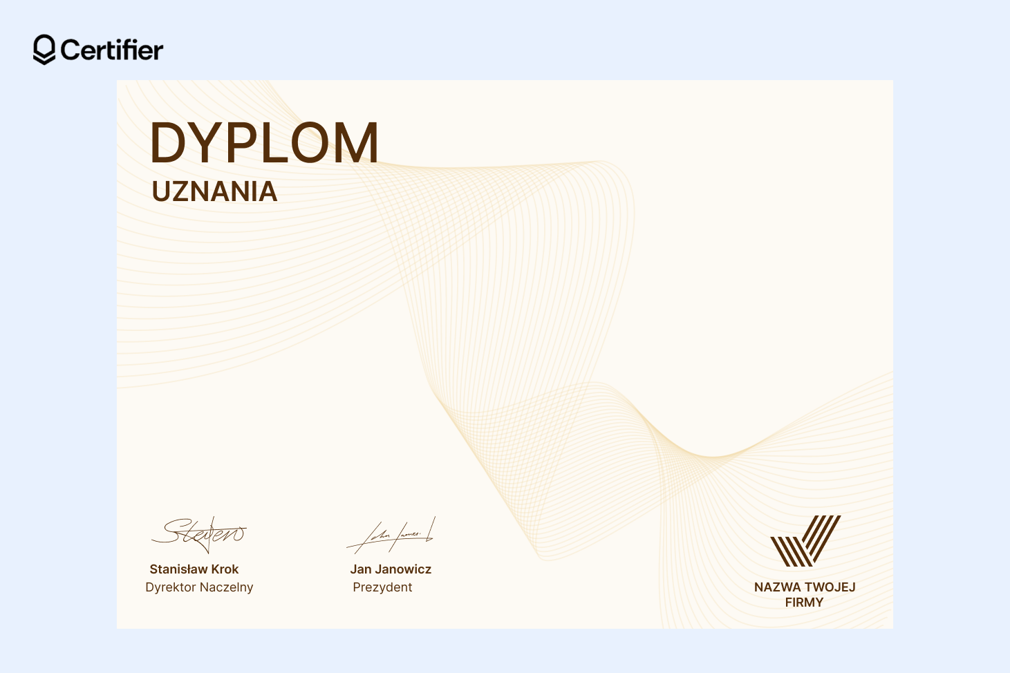 Szablon dyplomu uznania dla prelegenta z motywem złotych fal na żółtym tle. Szablon dyplomu uznania dla prelegenta z motywem złotych fal na żółtym tle.