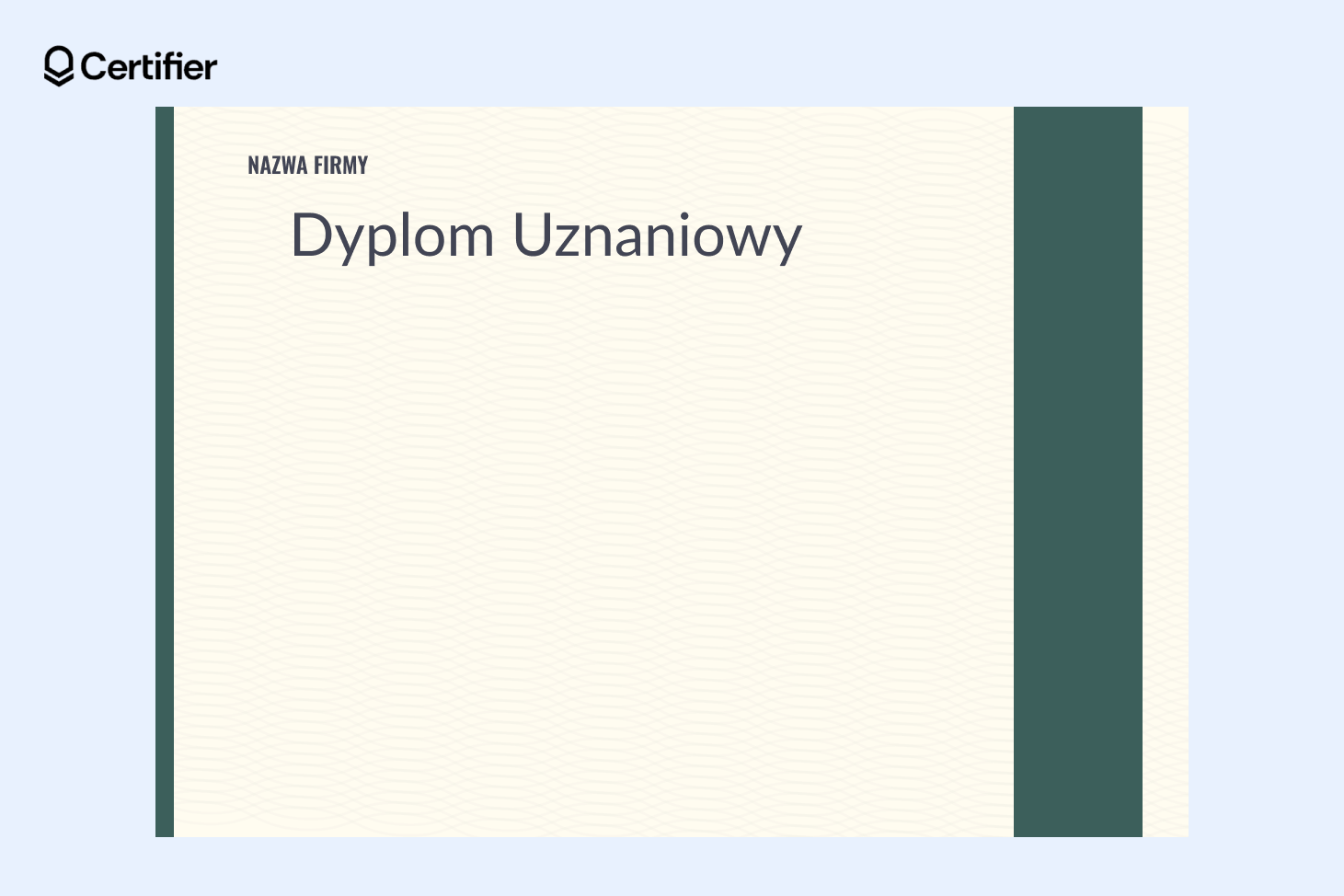Szablon dyplomu uznania dla prelegenta z kremowym tłem i zielonymi pionowymi pasami po bokach. Szablon dyplomu uznania dla prelegenta z kremowym tłem i zielonymi pionowymi pasami po bokach.