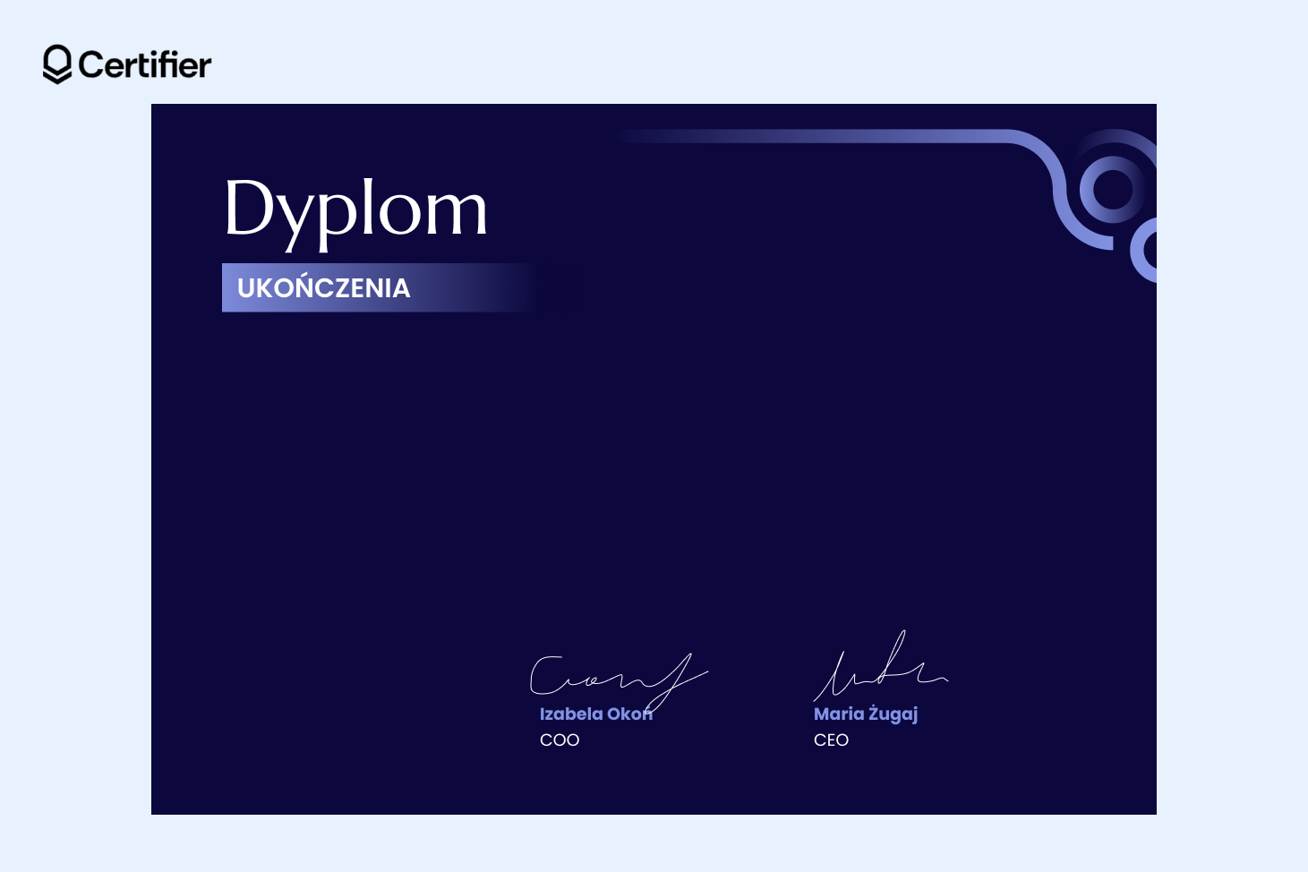 Szablon dyplomu uczestnictwa z ciemnoniebieskim tłem i abstrakcyjnymi jasnoniebieskimi liniami w prawym górnym rogu. Szablon dyplomu uczestnictwa z ciemnoniebieskim tłem i abstrakcyjnymi jasnoniebieskimi liniami w prawym górnym rogu.