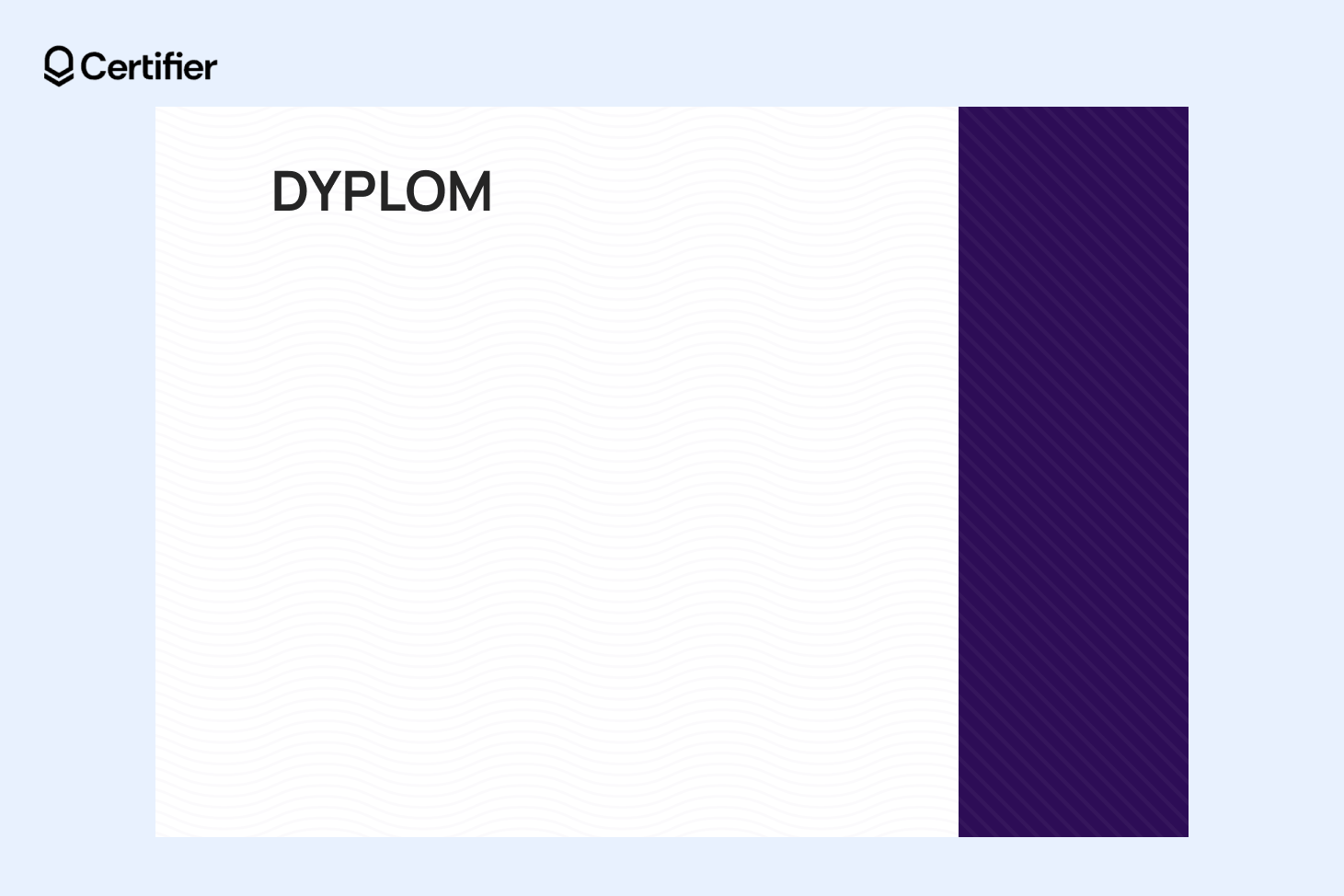 Tło do dyplomu uznania z białym falistym wzorem i ciemnofioletowym pionowym paskiem po prawej stronie. Tło do dyplomu uznania z białym falistym wzorem i ciemnofioletowym pionowym paskiem po prawej stronie.