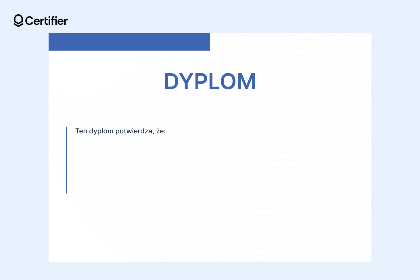 Tło na dyplom uznania z poziomym niebieskim paskiem na górze i subtelnym falistym wzorem. Tło na dyplom uznania z poziomym niebieskim paskiem na górze i subtelnym falistym wzorem.