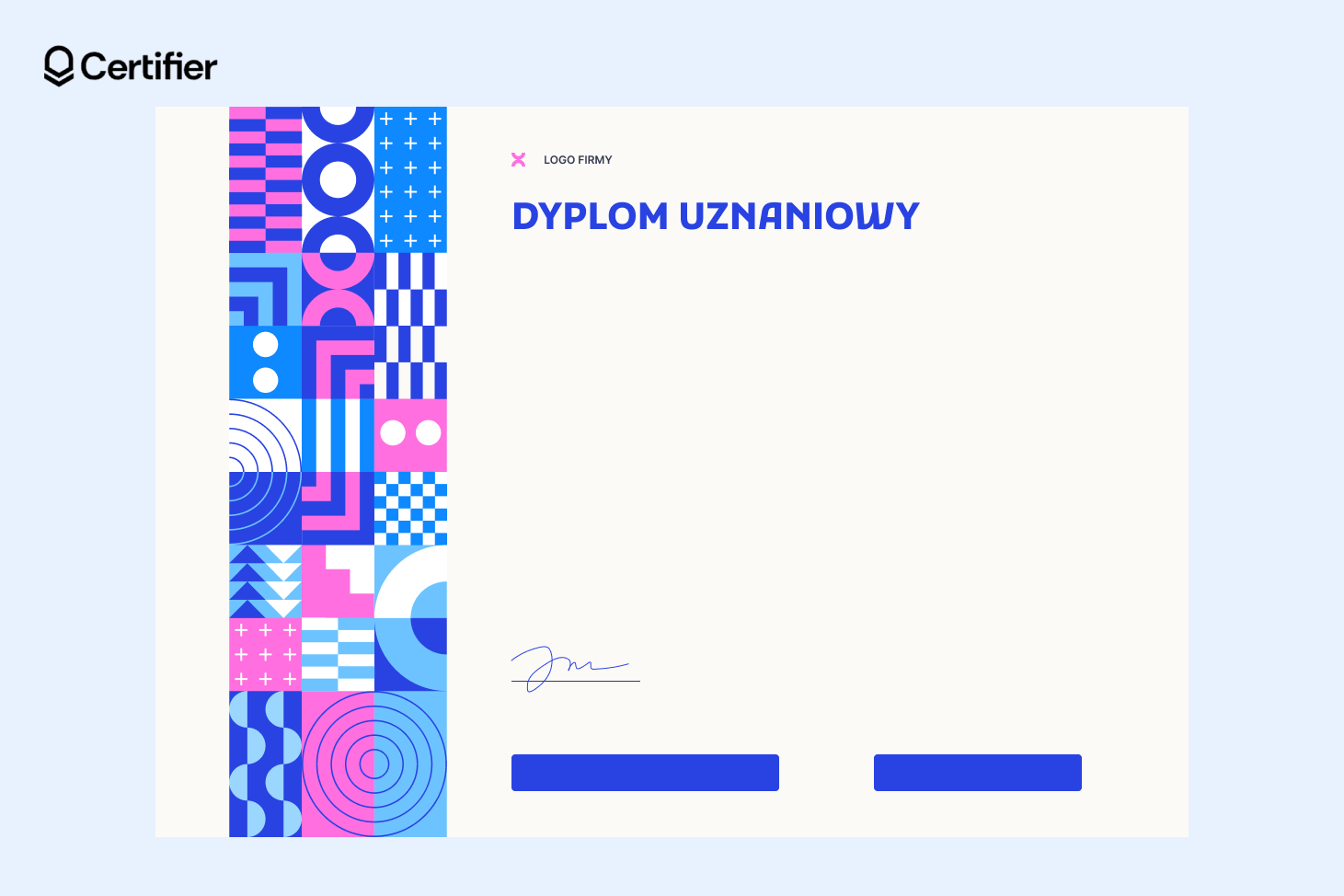 Tło do dyplomu uznania z niebieskimi i różowymi elementami po lewej stronie. Tło do dyplomu uznania z niebieskimi i różowymi elementami po lewej stronie.