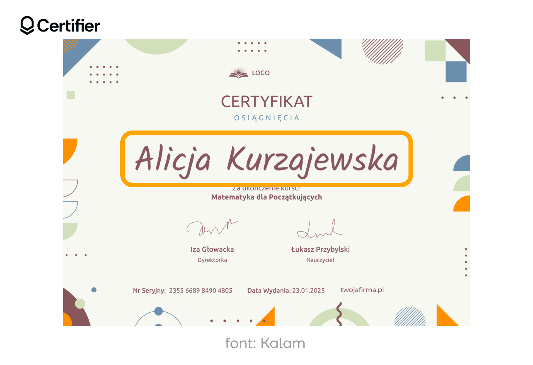 Projekt dyplomu z użyciem Kalam, idealnej czcionki odręczne polskie do dokumentów formalnych. Projekt dyplomu z użyciem Kalam, idealnej czcionki odręczne polskie do dokumentów formalnych.
