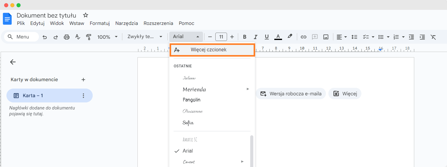 Opcja dodania więcej czcionek w Google Docs. Opcja dodania więcej czcionek w Google Docs.