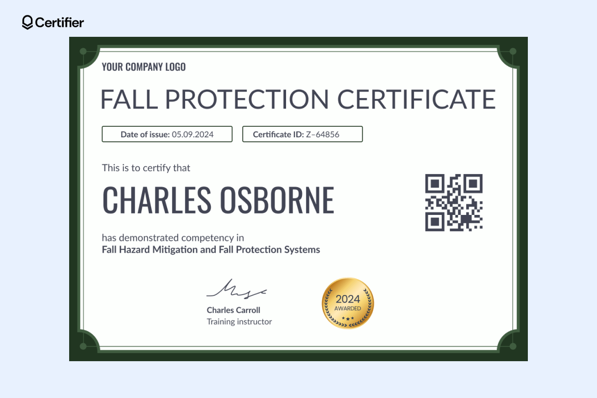 A green fall protection training certificate template editable in Certifier with a QR code and gold seal with a date. A green fall protection training certificate template editable in Certifier with a QR code and gold seal with a date.