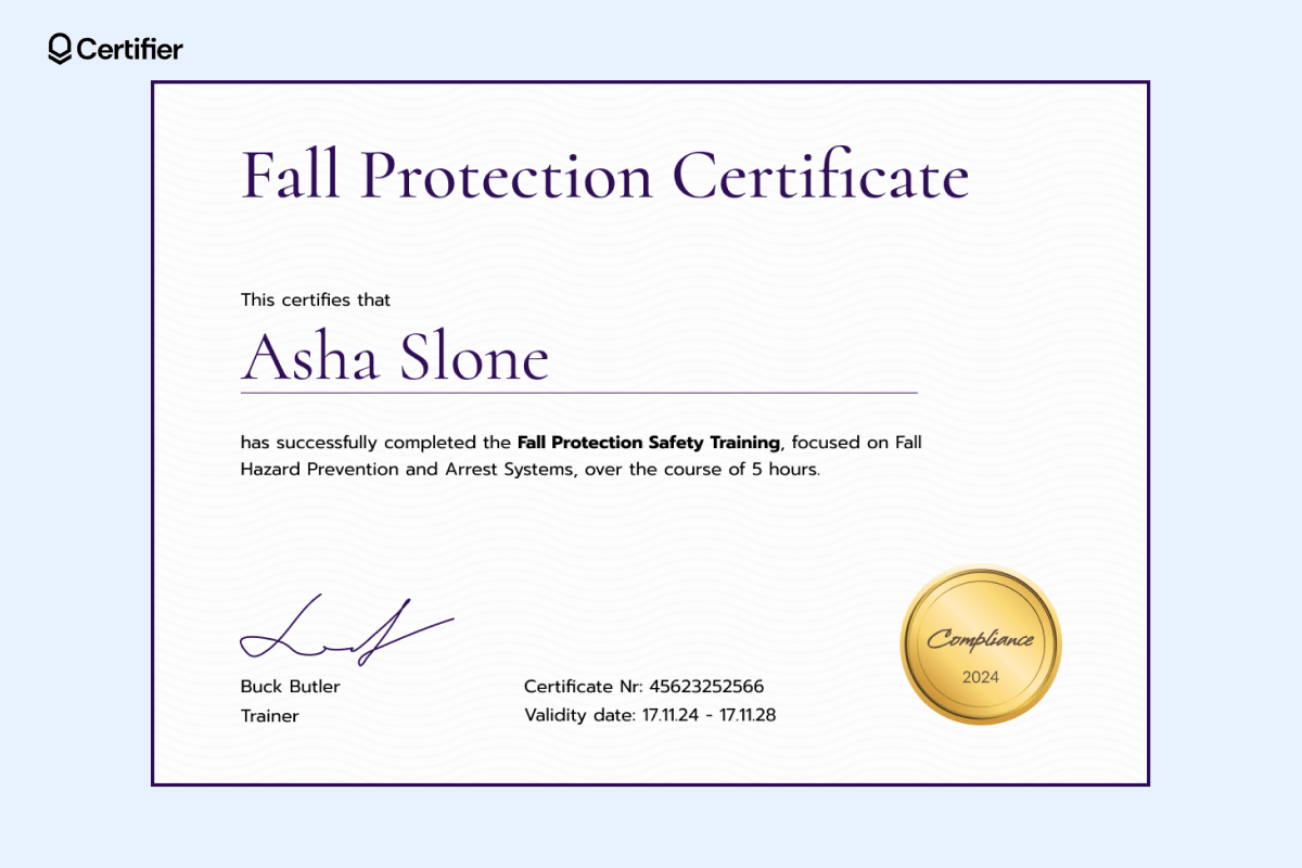 Violet fall protection certificate from Certifier; editable, sharable, and secure. Violet fall protection certificate from Certifier; editable, sharable, and secure.