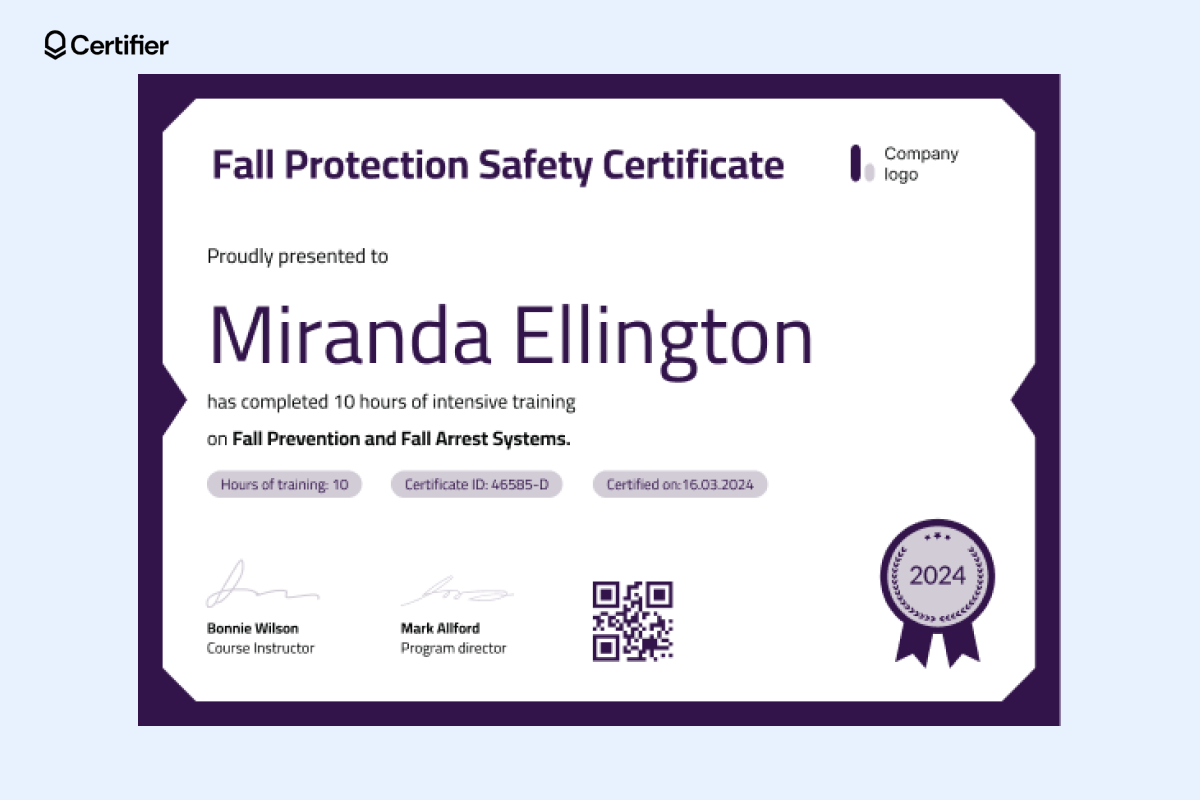 A purple fall protection training certificate template that is fully editable. A purple fall protection training certificate template that is fully editable.