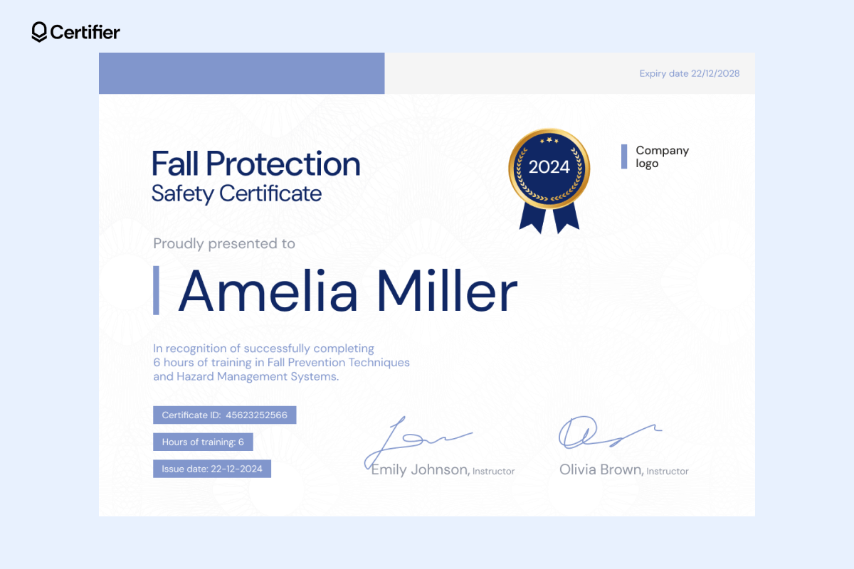Blue fall protection training certificate template available in Certifier. Blue fall protection training certificate template available in Certifier.