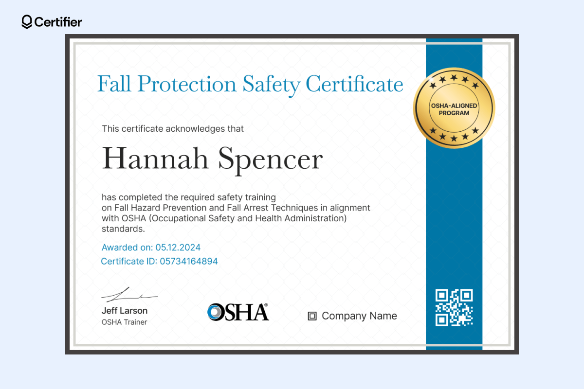 Fall protection safety certificate template with blue elements. Fall protection safety certificate template with blue elements.