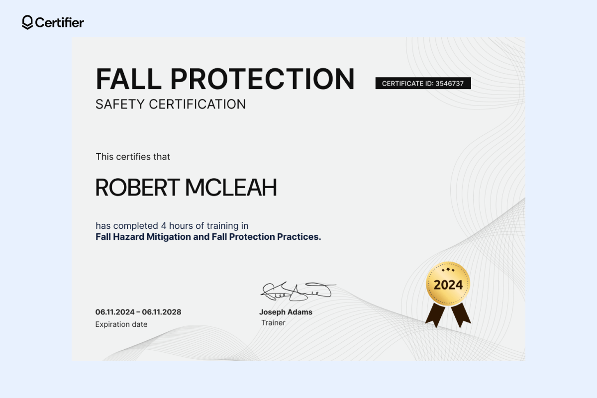 Grey printable fall protection training certificate template available in Certifier. Grey printable fall protection training certificate template available in Certifier.