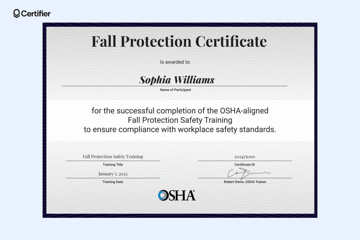 OSHA-aligned fall protection certificate template for editing. OSHA-aligned fall protection certificate template for editing.