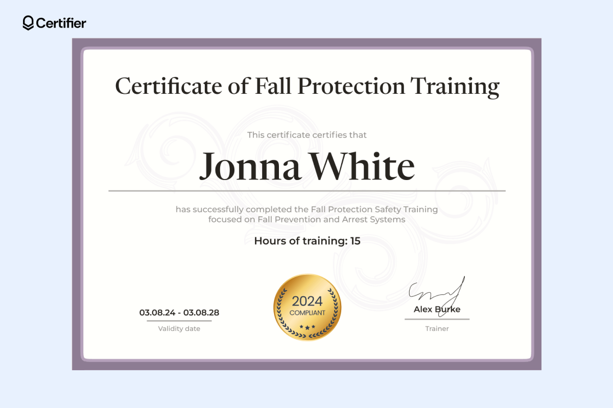Certifier’s fall protection certificate template free to use; it has elegant font and purple elements. Certifier’s fall protection certificate template free to use; it has elegant font and purple elements.