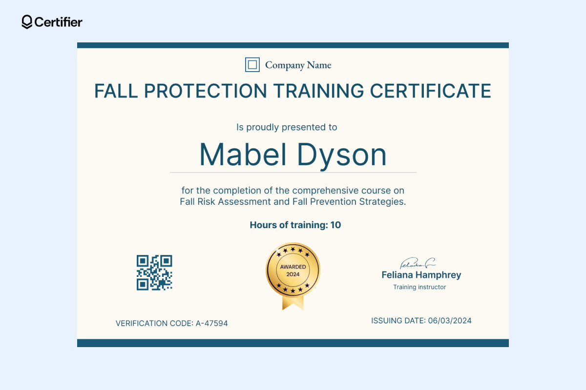 Fall protection training certificate template in blue tones. Fall protection training certificate template in blue tones.