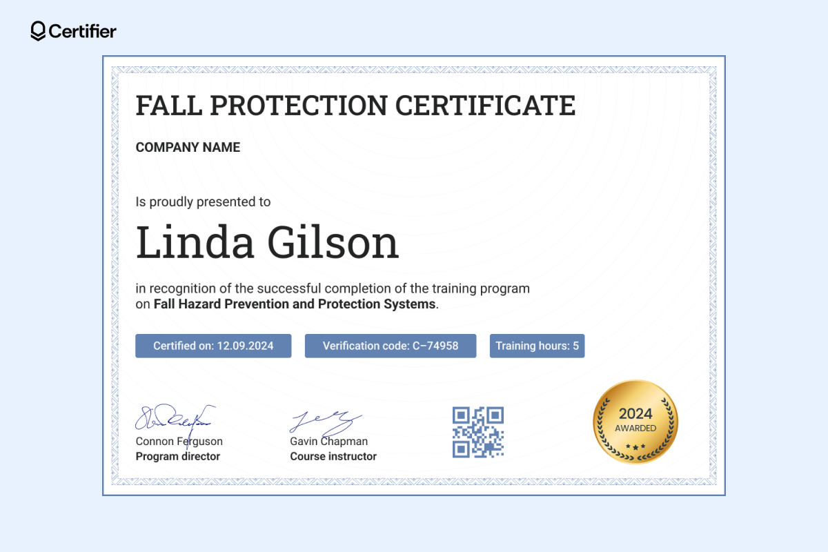 Fall protection training certificate template from Certifier; easy to share and edit. Fall protection training certificate template from Certifier; easy to share and edit.