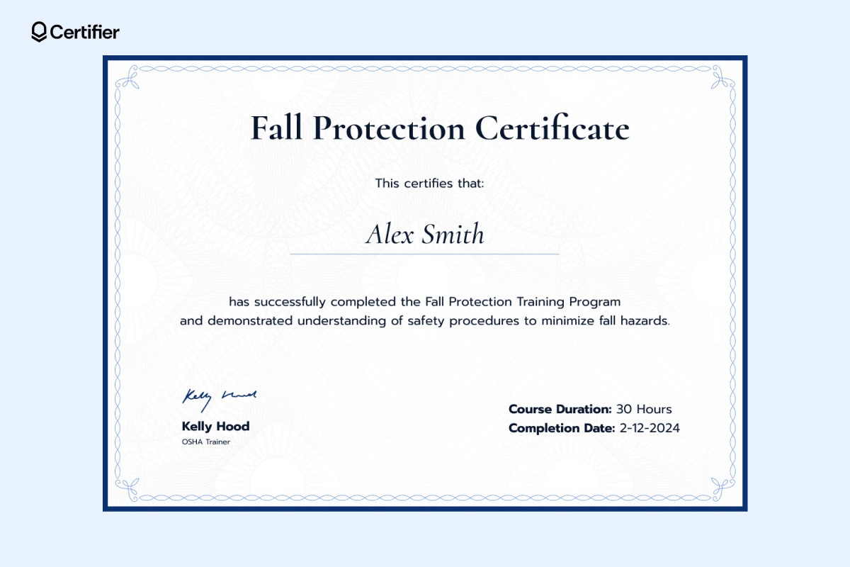 Elegant, blue fall protection training certificate template from Certifier. Elegant, blue fall protection training certificate template from Certifier.