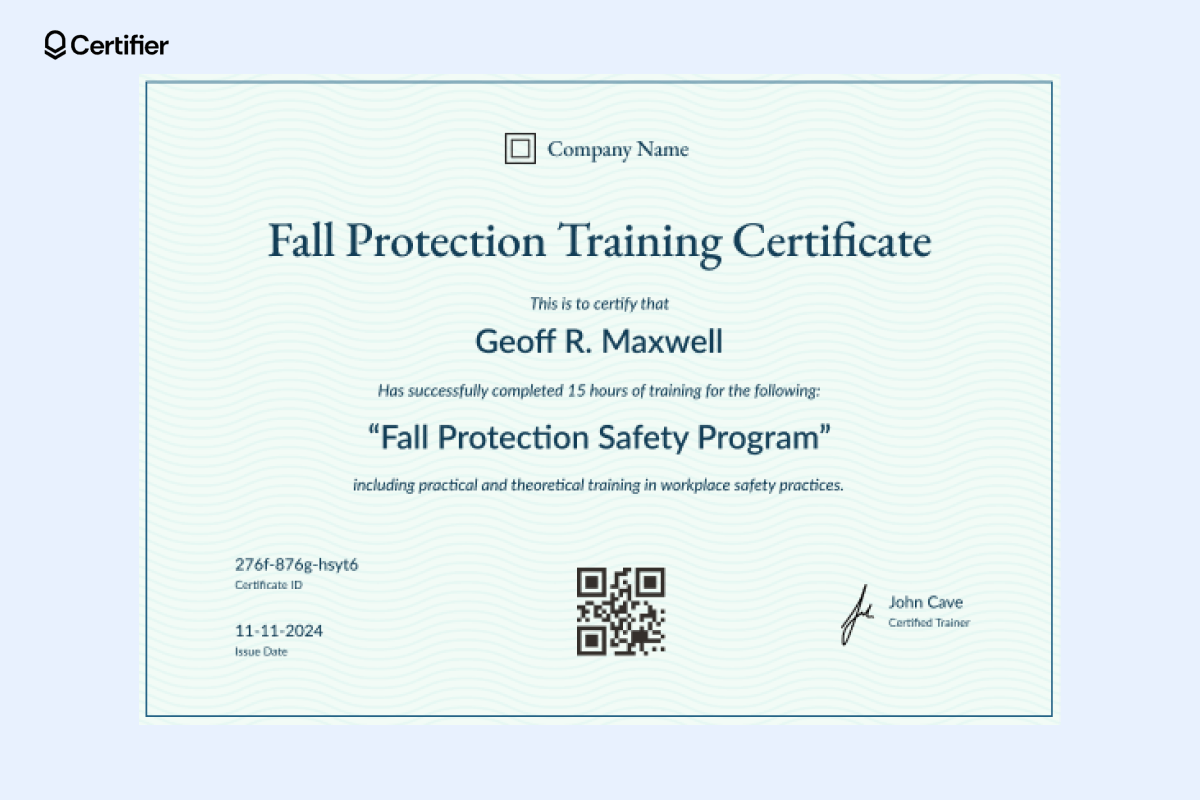 A green printable fall protection training certificate template, ready to edit. A green printable fall protection training certificate template, ready to edit.