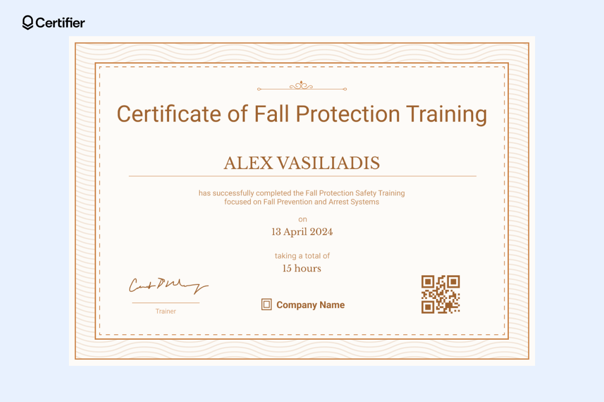Certifier’s fall protection certificate template in warm tones with a QR code. Certifier’s fall protection certificate template in warm tones with a QR code.
