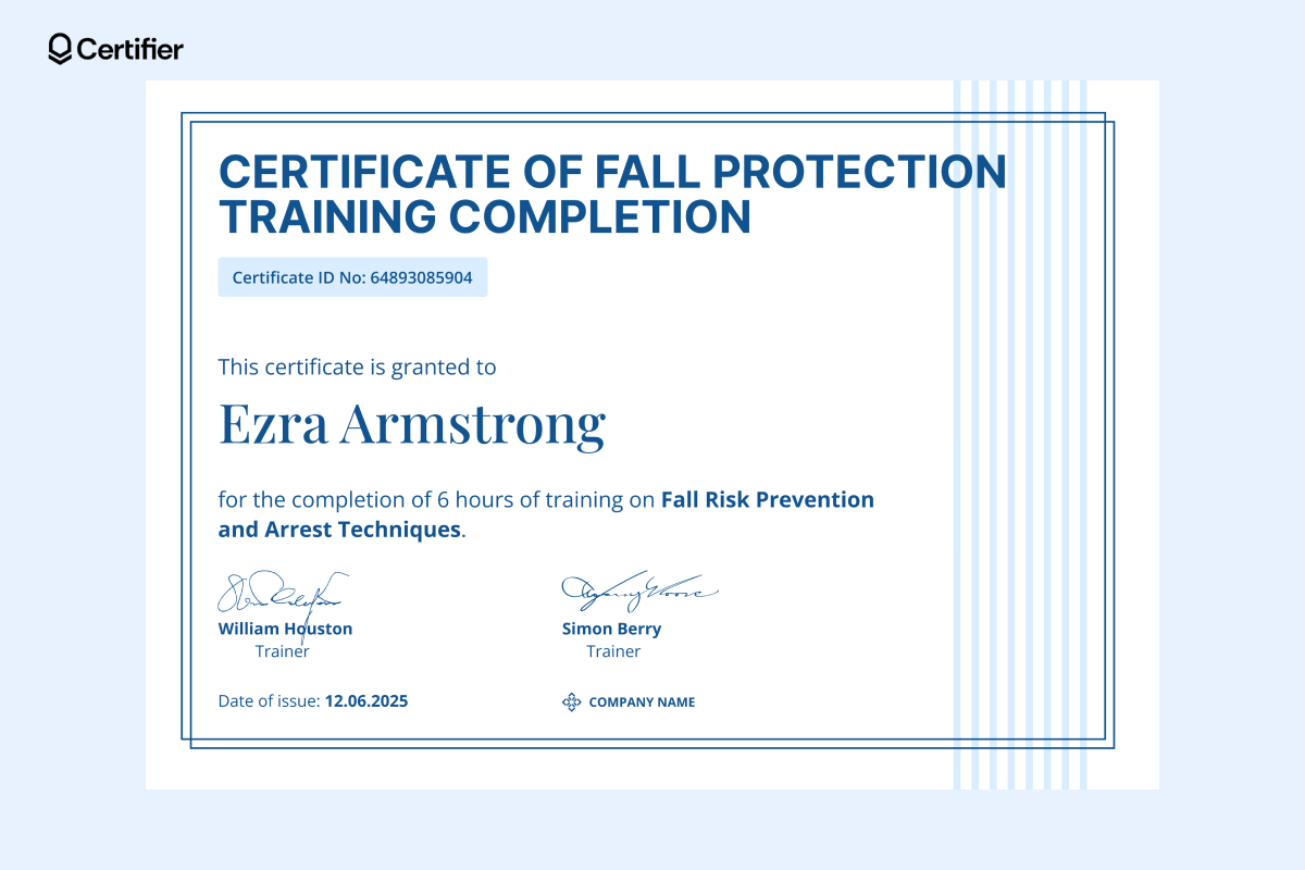 Fall protection training certificate template from Certifier, featuring blue tones and a golden seal. Fall protection training certificate template from Certifier, featuring blue tones and a golden seal.