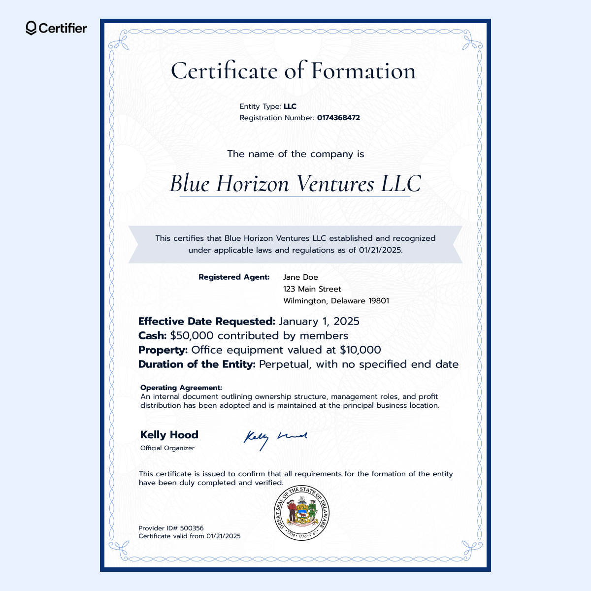 Example of LLC certificate of formation. Example of LLC certificate of formation.