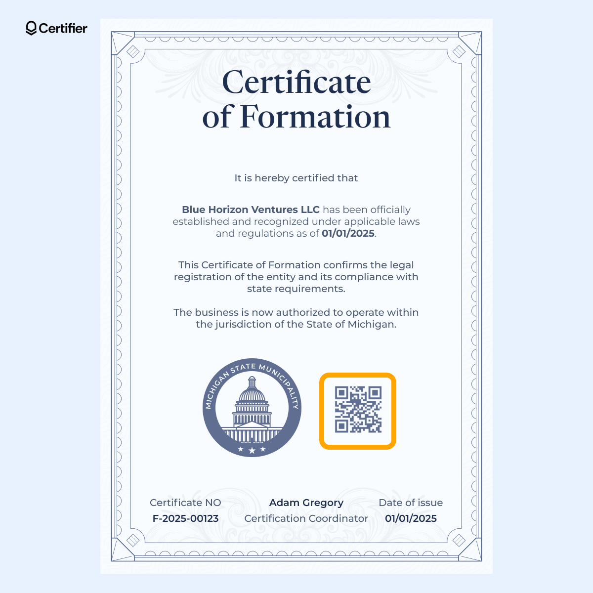 Example of a simple certification of formation with a QR code. Example of a simple certification of formation with a QR code.