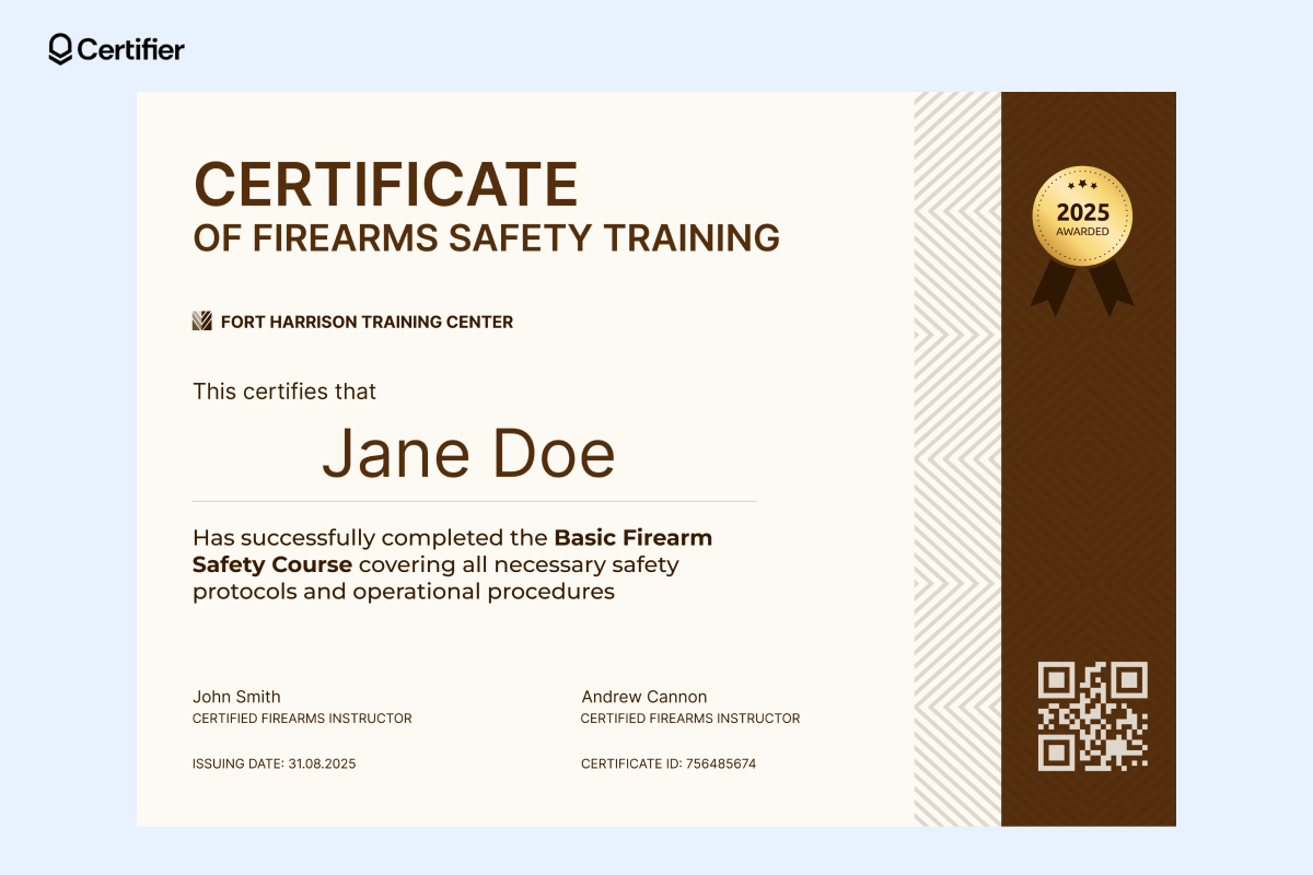 A beige firearms safety training certificate template with bold text, a gold badge, a QR code, and signature spaces. A beige firearms safety training certificate template with bold text, a gold badge, a QR code, and signature spaces.
