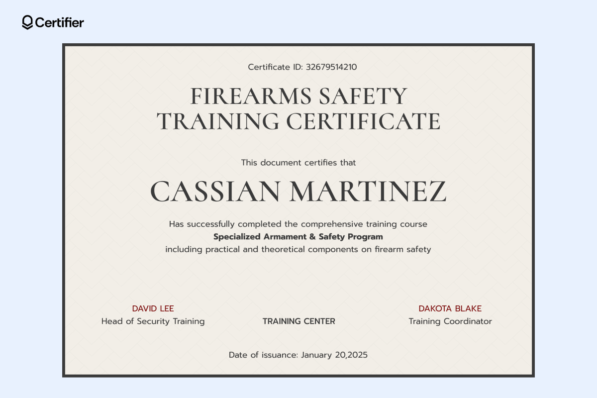A beige firearms safety training certificate with bold text, recipient name in large letters, and signature areas for officials. A beige firearms safety training certificate with bold text, recipient name in large letters, and signature areas for officials.