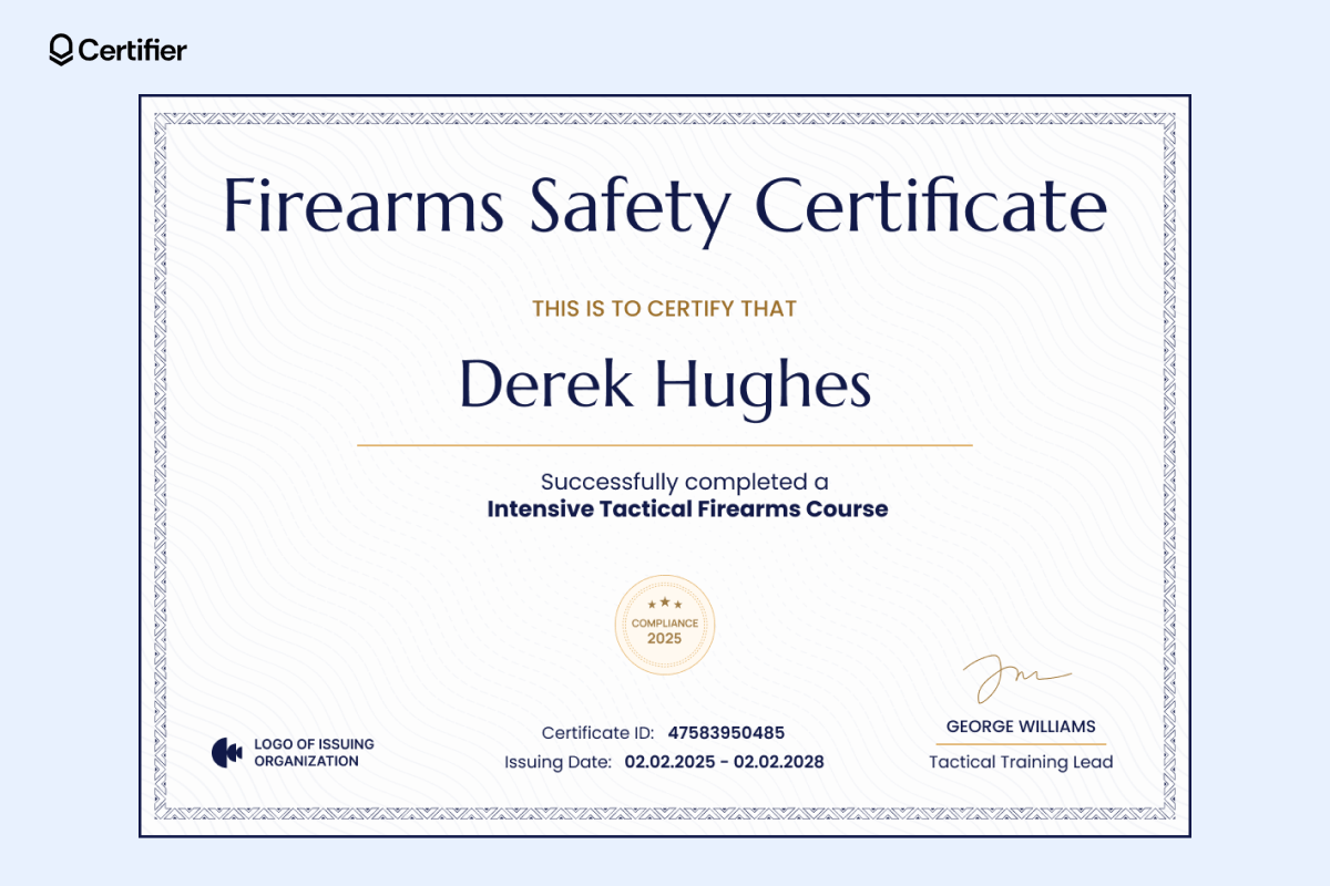 A sleek safety printable firearms training certificate template with a wave design, bold title, and compliance badge. A sleek safety printable firearms training certificate template with a wave design, bold title, and compliance badge.
