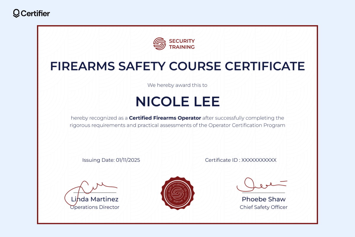 A professional certificate with a red accent and bold title, showcasing completion of a defensive firearms mastery program. A professional certificate with a red accent and bold title, showcasing completion of a defensive firearms mastery program.