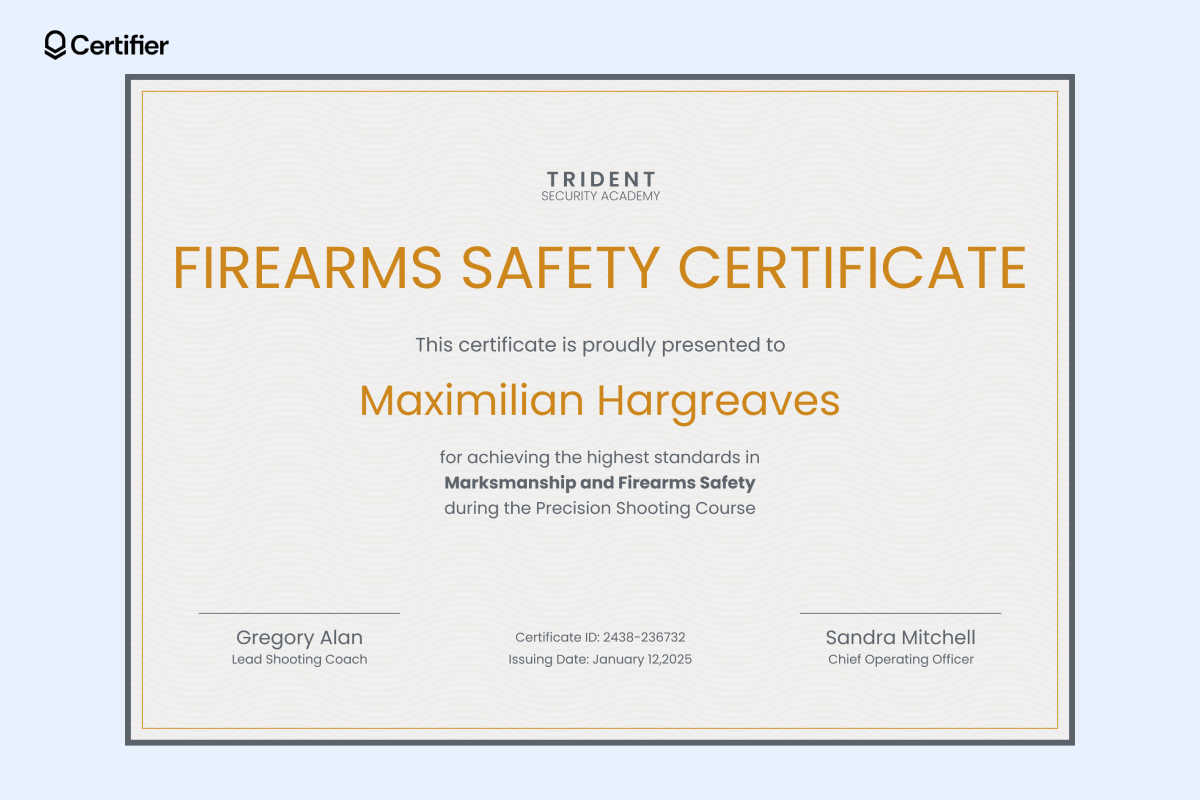 A classic firearms safety training certificate template with a textured border, bold title, and signature areas. A classic firearms safety training certificate template with a textured border, bold title, and signature areas.