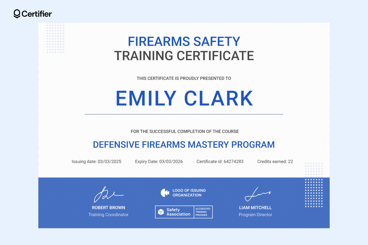 A modern firearms safety course certificate featuring a blue and white design, recipient details, and official signatures. A modern firearms safety course certificate featuring a blue and white design, recipient details, and official signatures.