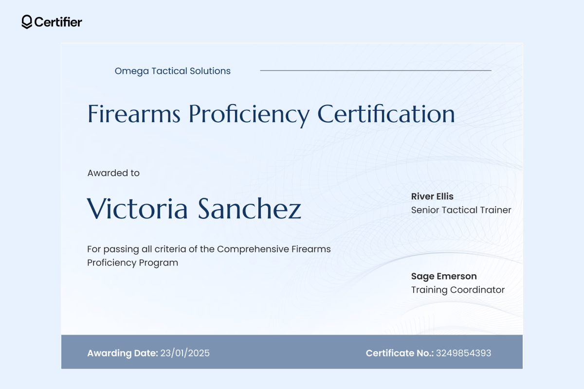 A polished safety printable firearms training certificate template with blue wave patterns and trainer signatures. A polished safety printable firearms training certificate template with blue wave patterns and trainer signatures.