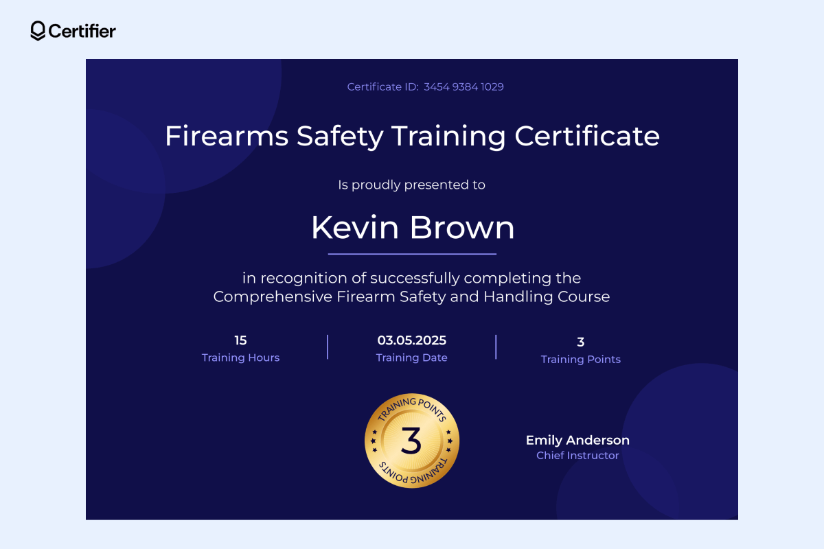 A dark blue certificate with large text, gold badge, and key details like training hours and completion date. A dark blue certificate with large text, gold badge, and key details like training hours and completion date.