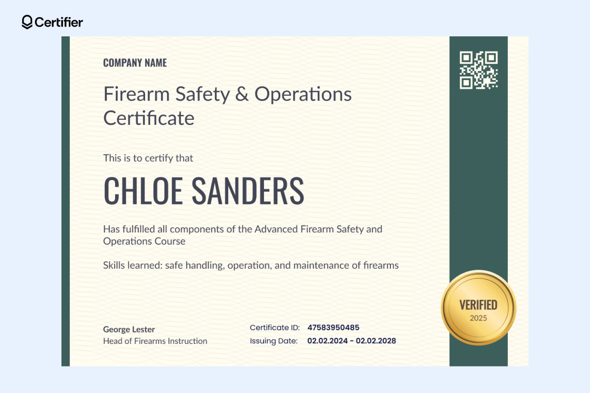 A sleek beige certificate with green accents, a gold 'Verified 2025' badge, and recipient details for advanced firearms training. A sleek beige certificate with green accents, a gold 'Verified 2025' badge, and recipient details for advanced firearms training.