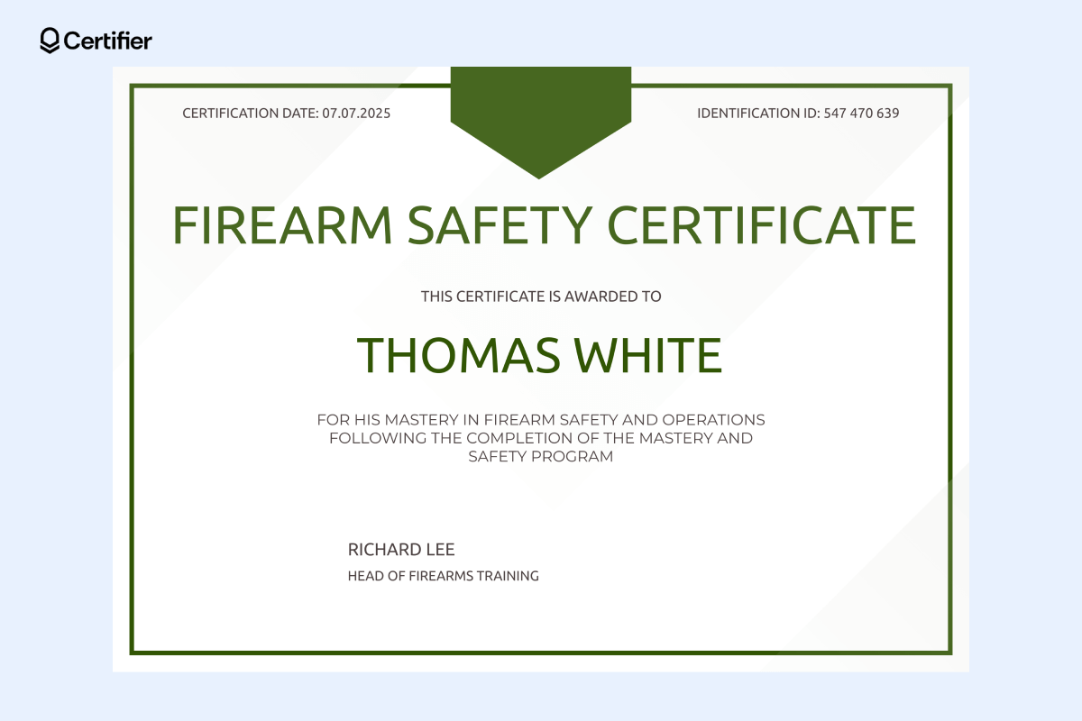 A modern safety printable firearms training certificate template with green accents and professional layout. A modern safety printable firearms training certificate template with green accents and professional layout.