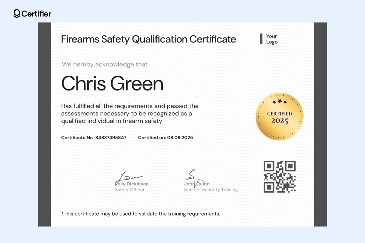 An elegant firearms safety training certificate template with dark borders, bold text, QR code, and decorative insignia. An elegant firearms safety training certificate template with dark borders, bold text, QR code, and decorative insignia.